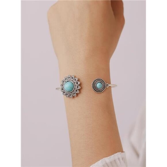 Bohemian Created Turquoise Flower Bangle Bracelet, Stainless Steel Open Bangle - Picture 4 of 6